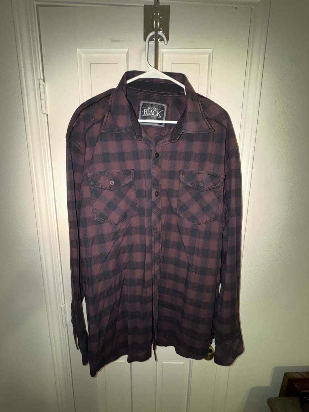 Buckle Black Athletic Fit Burgundy Black Plaid Long Sleeve Shirt XXL